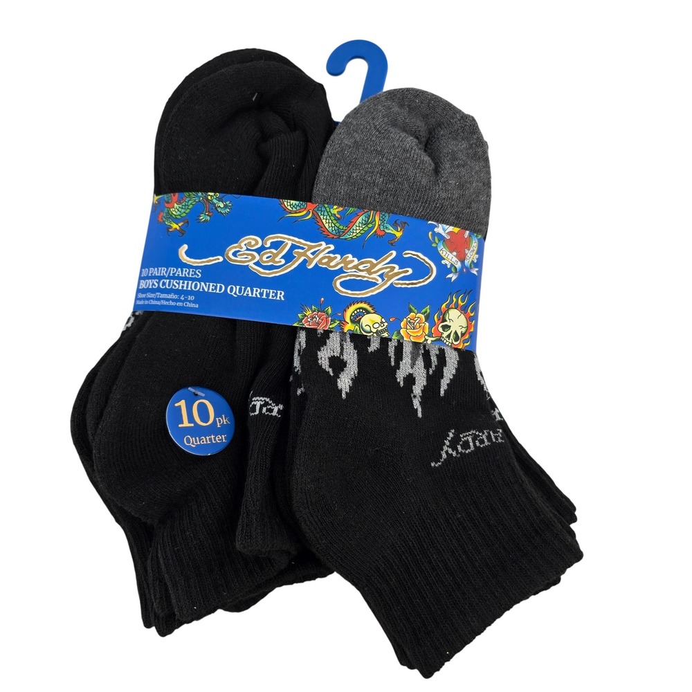 Ed Hardy Boys Cushioned Quarter Socks 10 Pair Pack Black Grey Youth Size 4-10